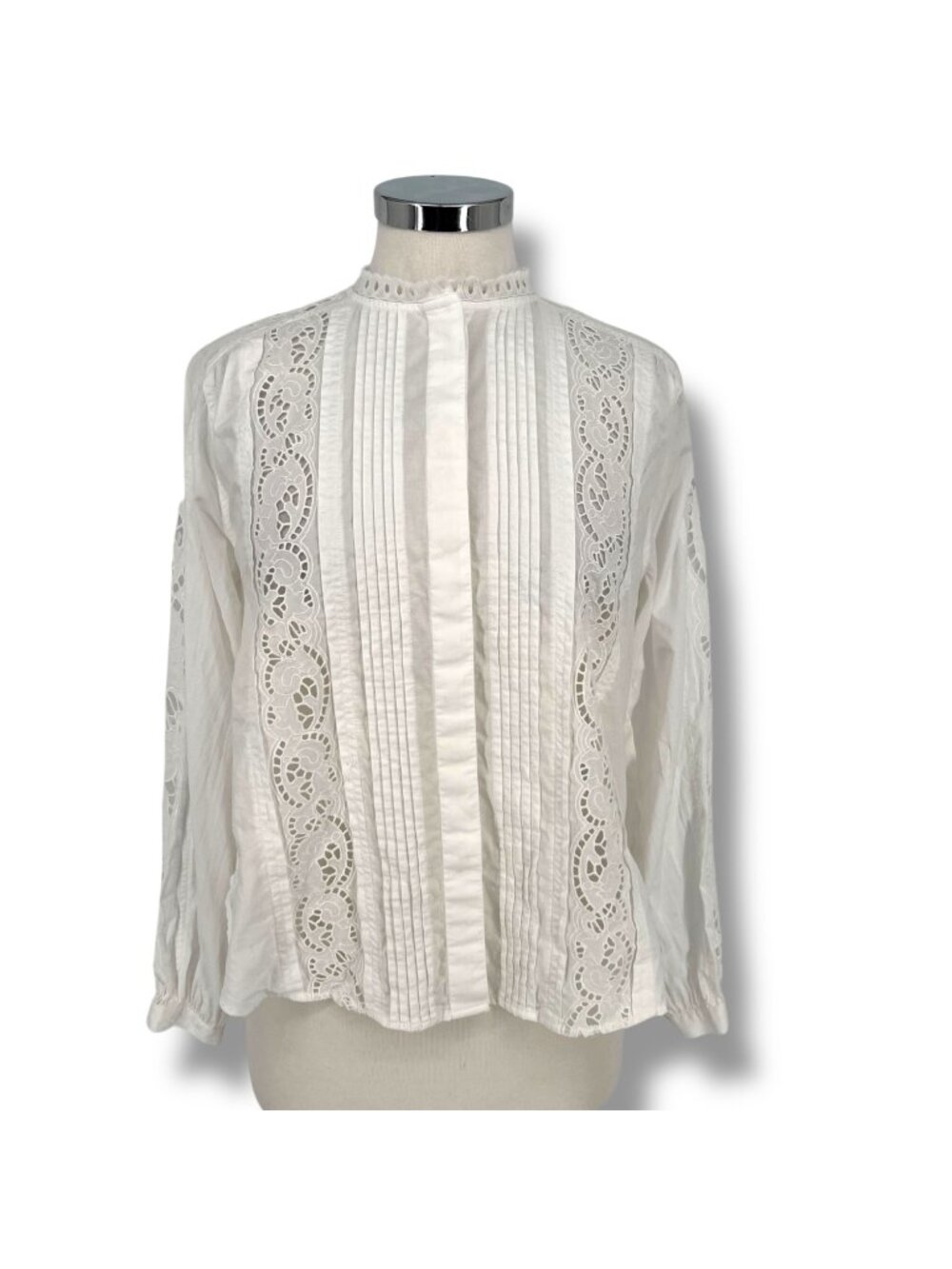 Madewell Lace Inset Pintuck Button-Up Blouse Cotton Long Sleeve Size XS NWT